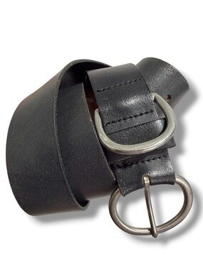 Genuine Italian Leather Belt Size L Black Sliver Tone Double Buckle Made in USA